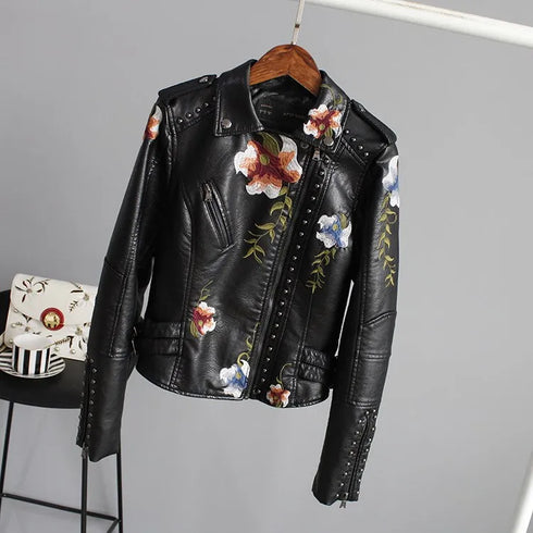 Floral Embroidery Soft Leather Jacket