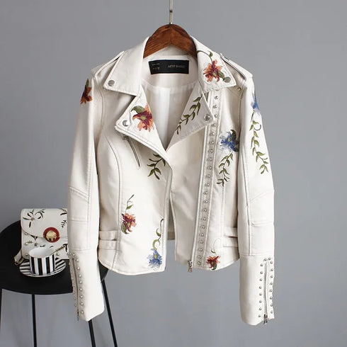 Floral Embroidery Soft Leather Jacket